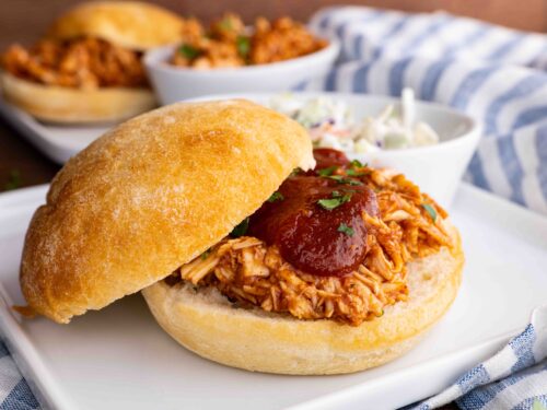BBQ Pulled Chicken on bun with BBQ sauce