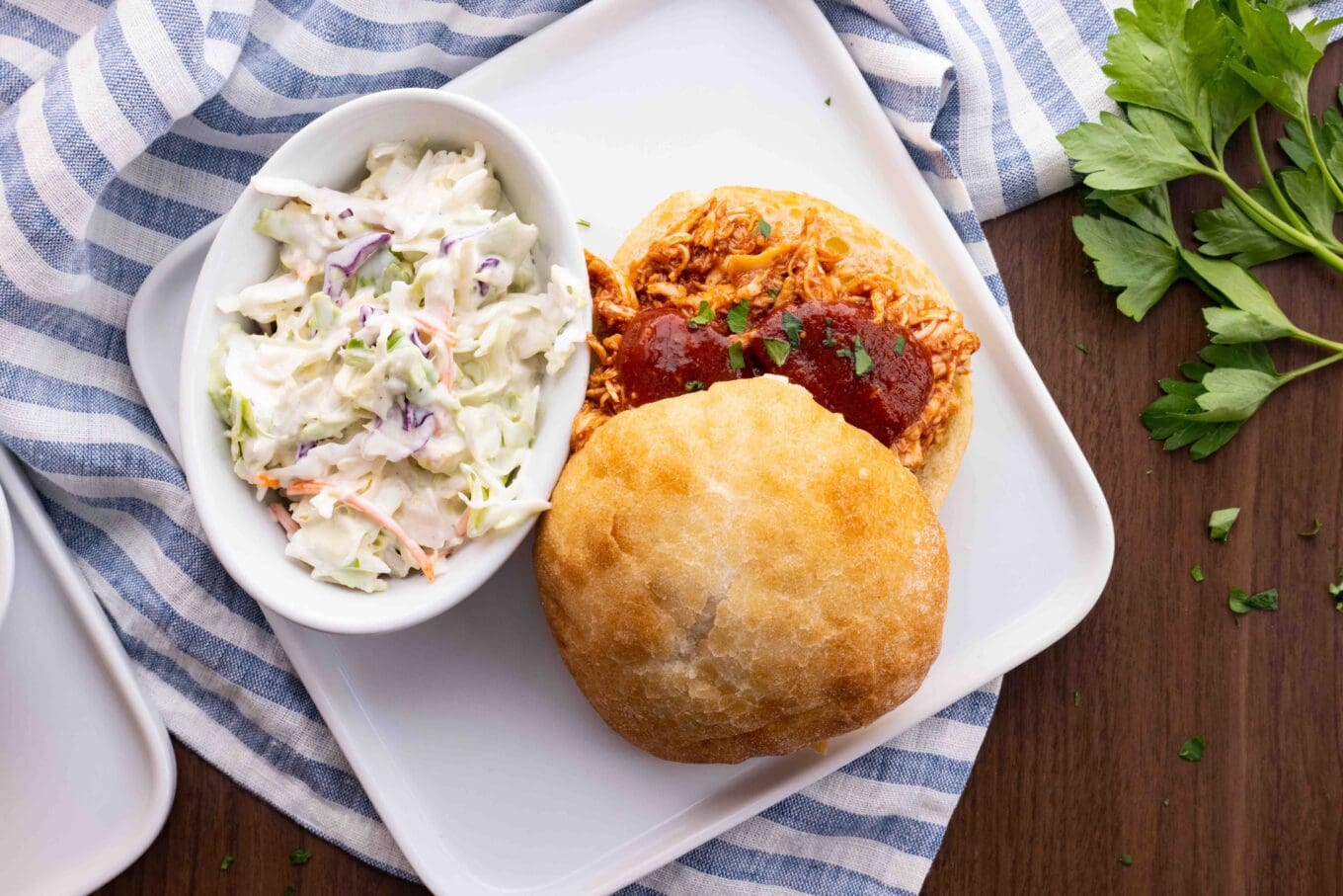 BBQ Pulled Chicken on bun with coleslaw