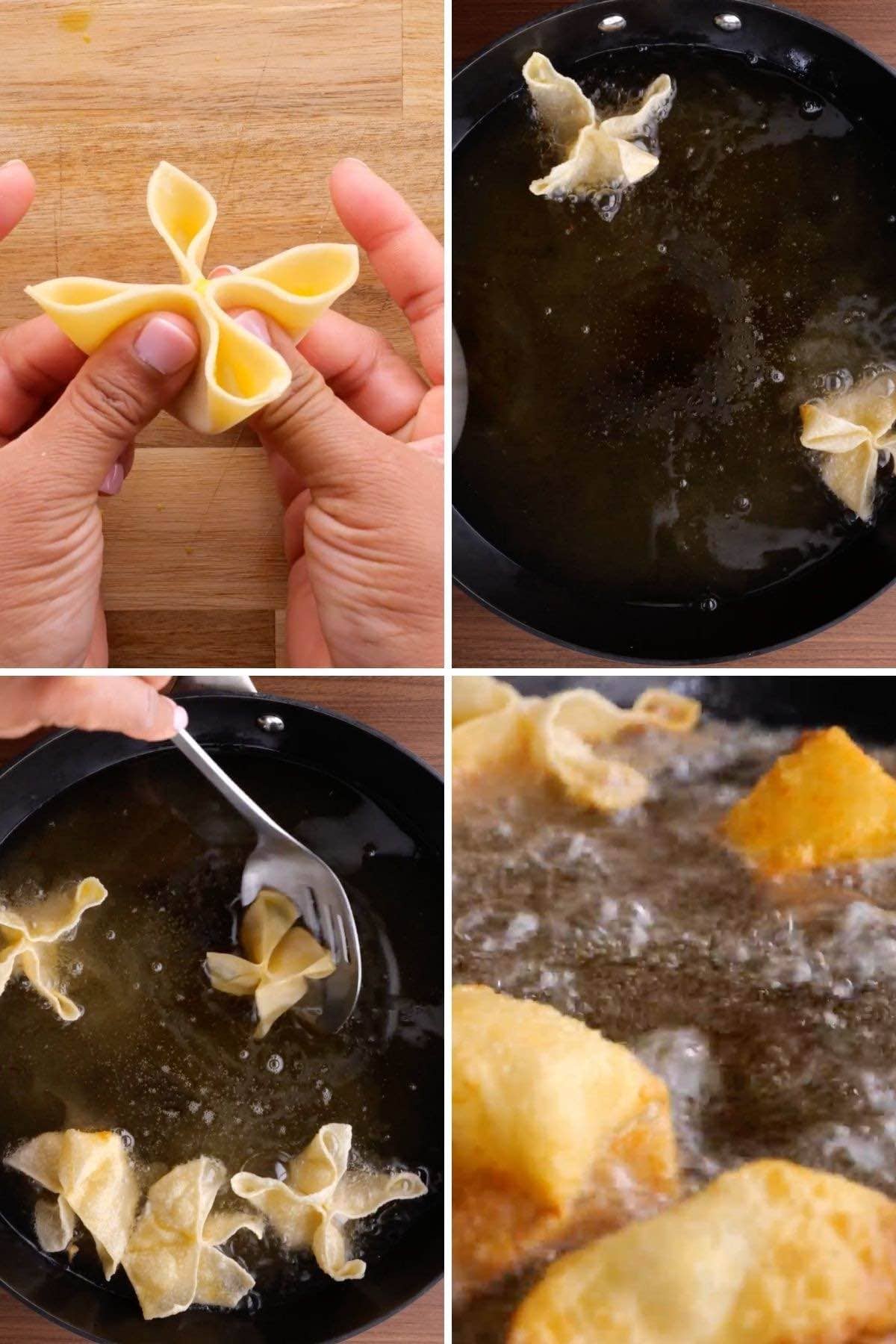 Crab Rangoon Collage of frying steps
