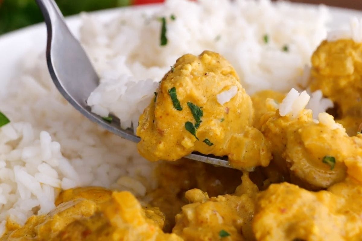 Indian Chicken Korma with rice in bowl and fork
