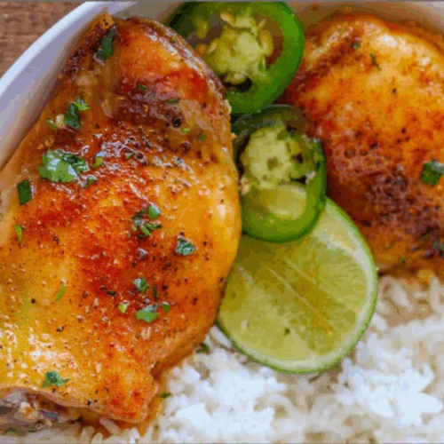 chicken on a bed of rice with some jalapeno slices and a lime