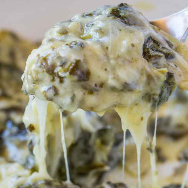 Spinach and Artichoke Cheese Dip on spoon