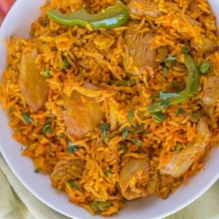 Indian rice dish on a white plate