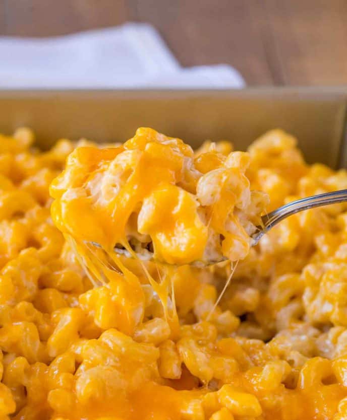 Easy Baked Mac and Cheese scoop on spoon