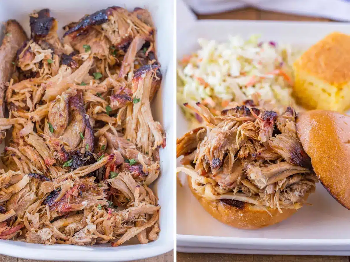 collage of finished pork and plated sandwich 