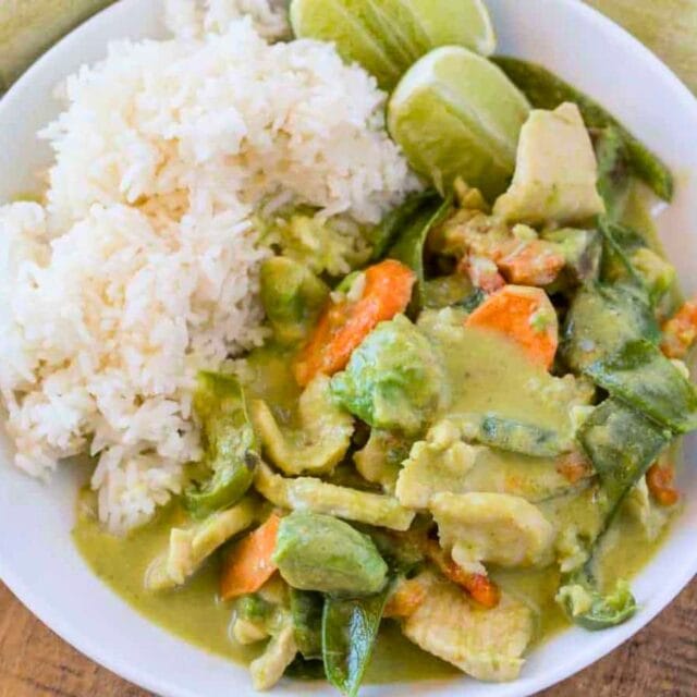 Curry served with rice in a bowl