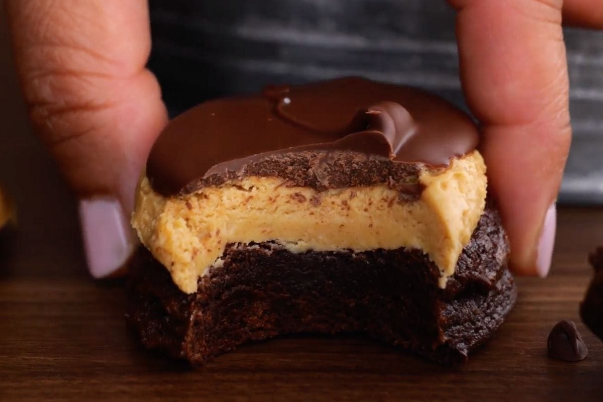 Buckeye Brownie Cookies with bite taken