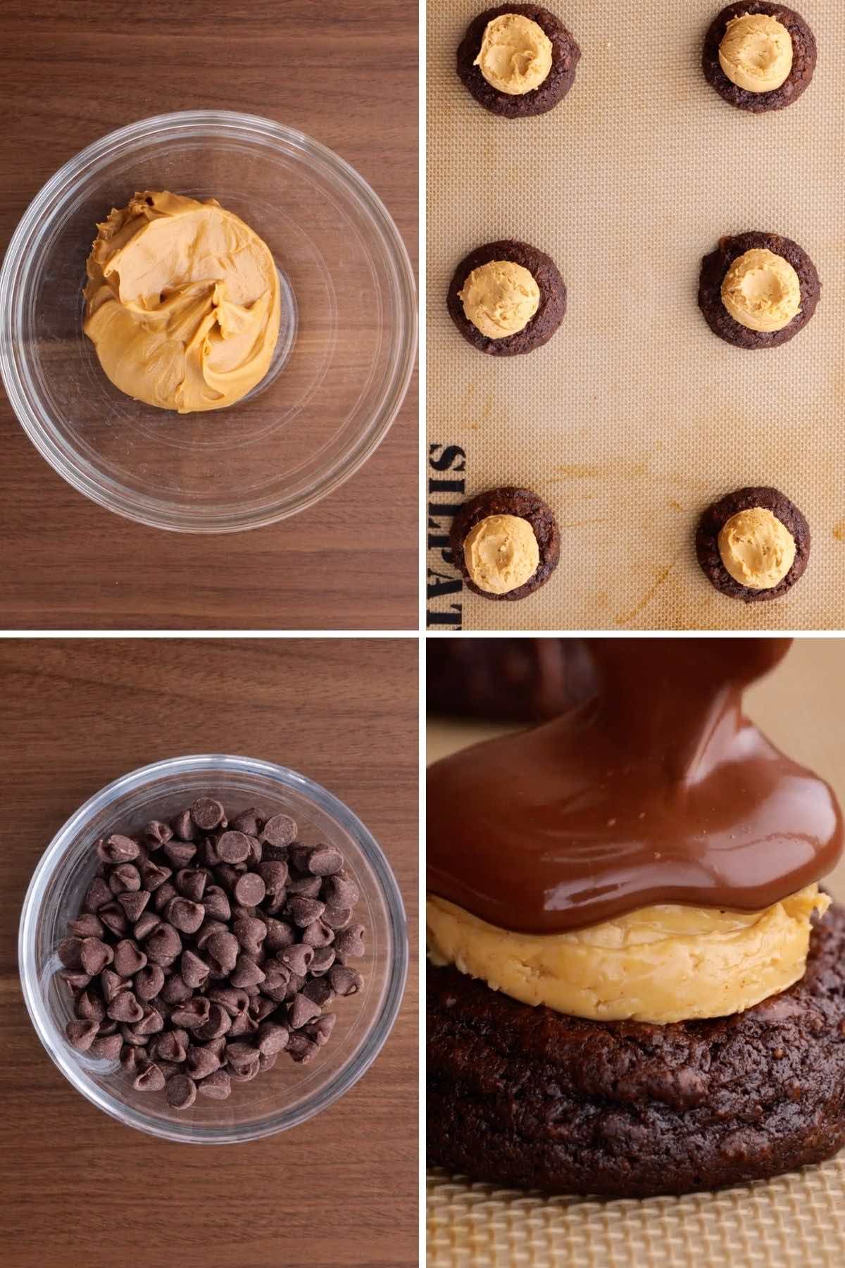 Buckeye Brownie Cookies Collage of assembly steps