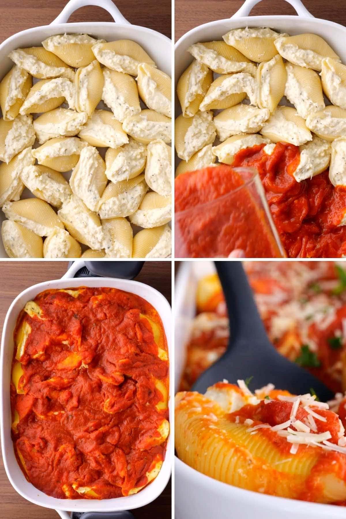 Ricotta Stuffed Shells collage of baking steps