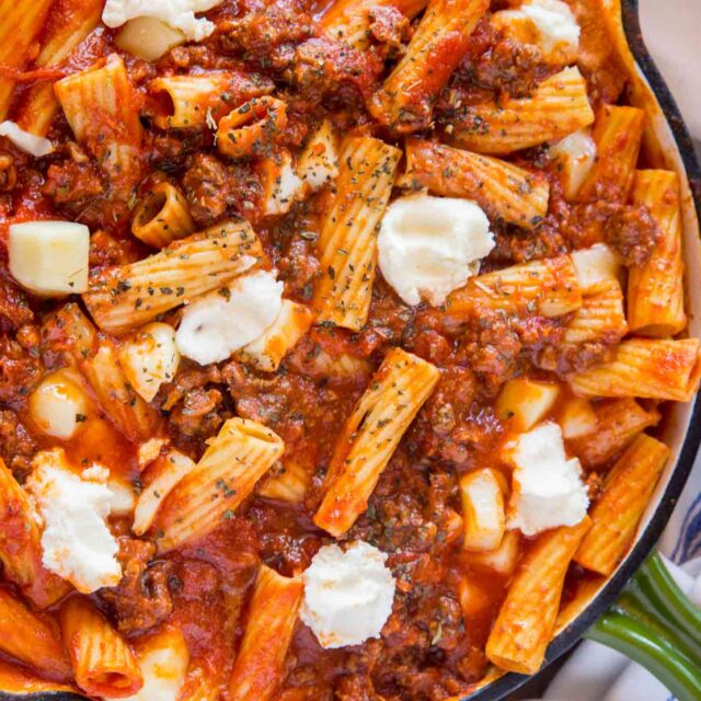 baked pasta in cast iron skillet
