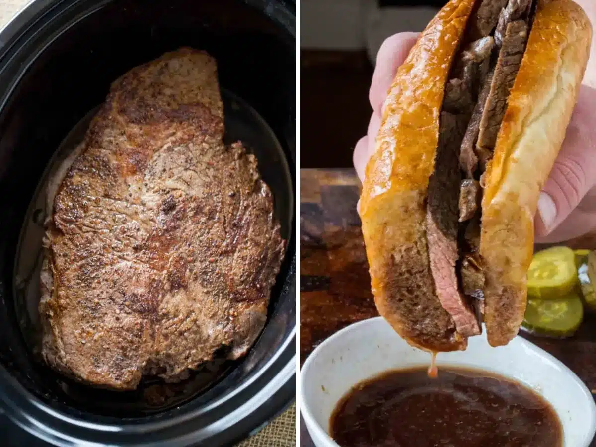collage of meat cooking and being dipped in au jus