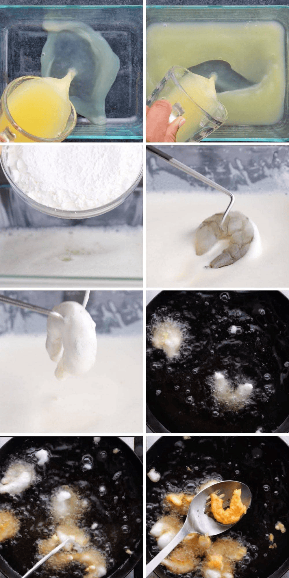 Prep steps for making tempura batter and frying shrimp