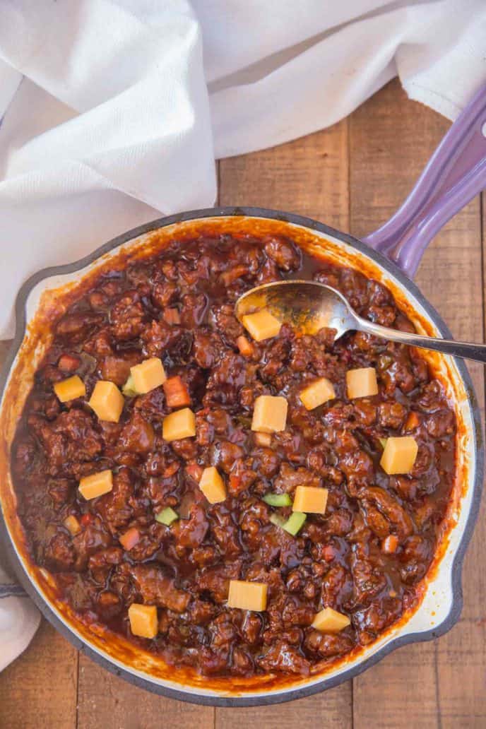 Ground barbecue sausage in pan for sloppy joes