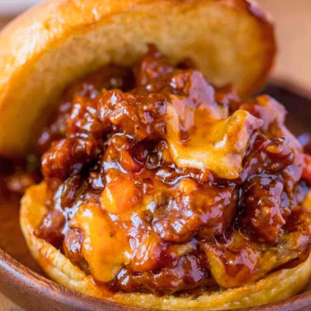 Sloppy Joe sandwich with top bun lifted