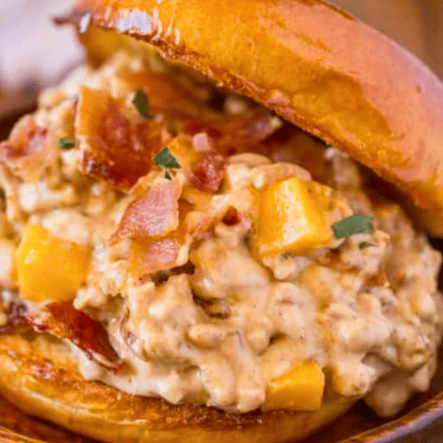 Chicken sloppy joe with bun askew