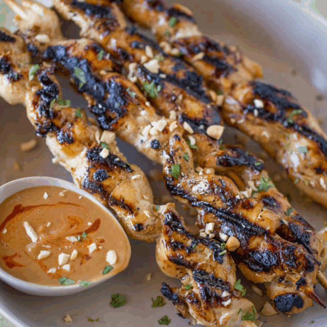 chicken on skewers on a plate with peanut dipping sauce with garnish