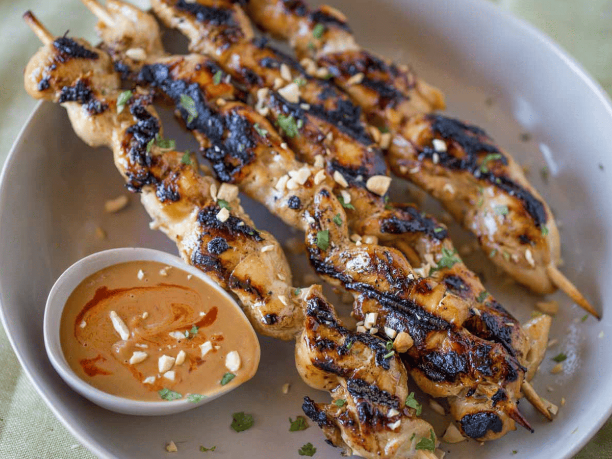 chicken on skewers on a plate with peanut dipping sauce with garnish