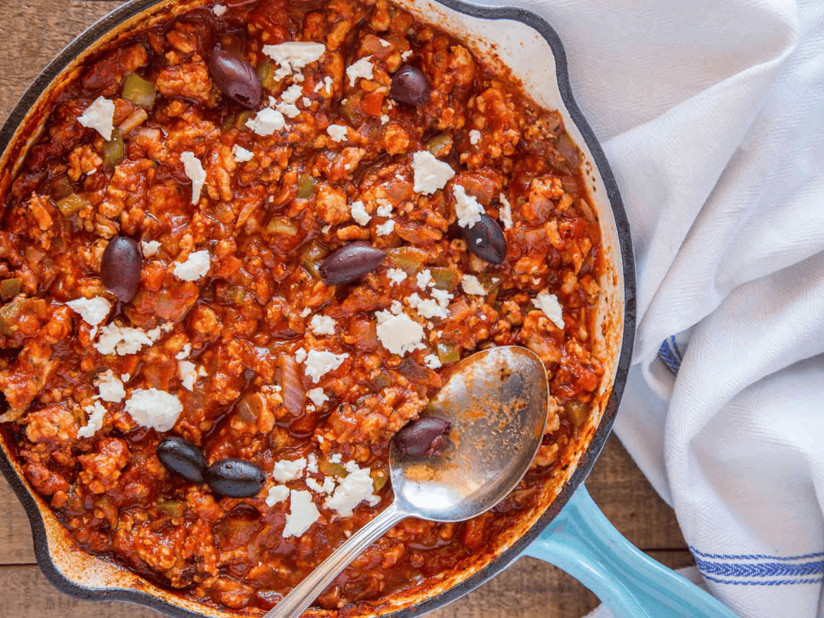 Cooked ingredients in a cast iron pan