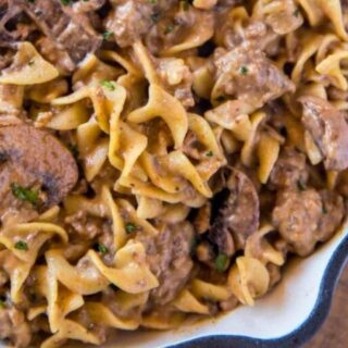 close up of beef and pasta mixture