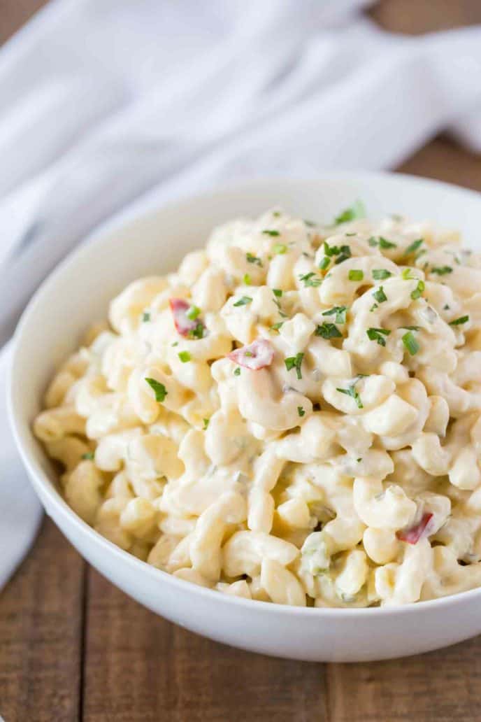 old fashioned macaroni salad with eggs and peas