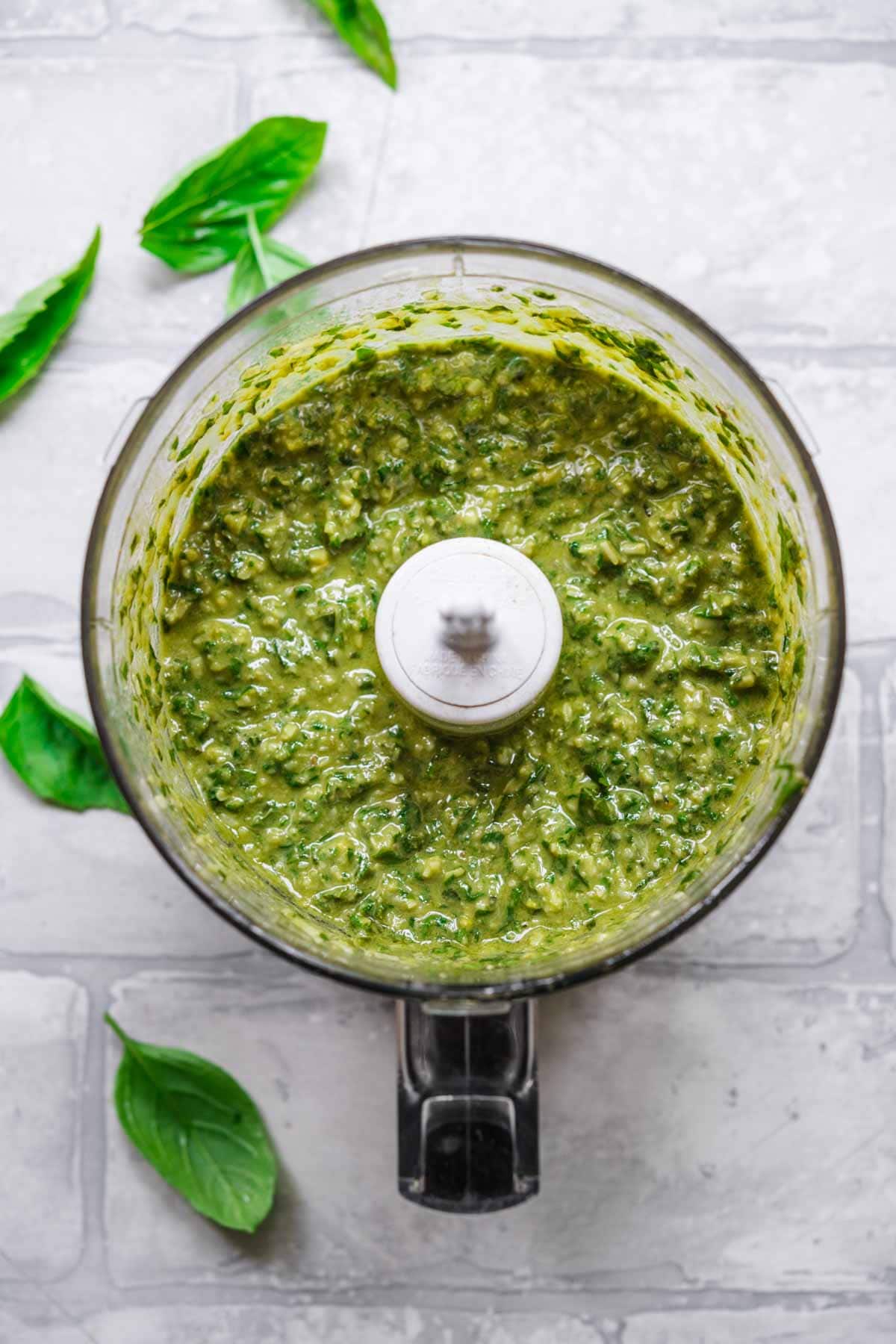 Basil Pesto Ingredients blended in food processor