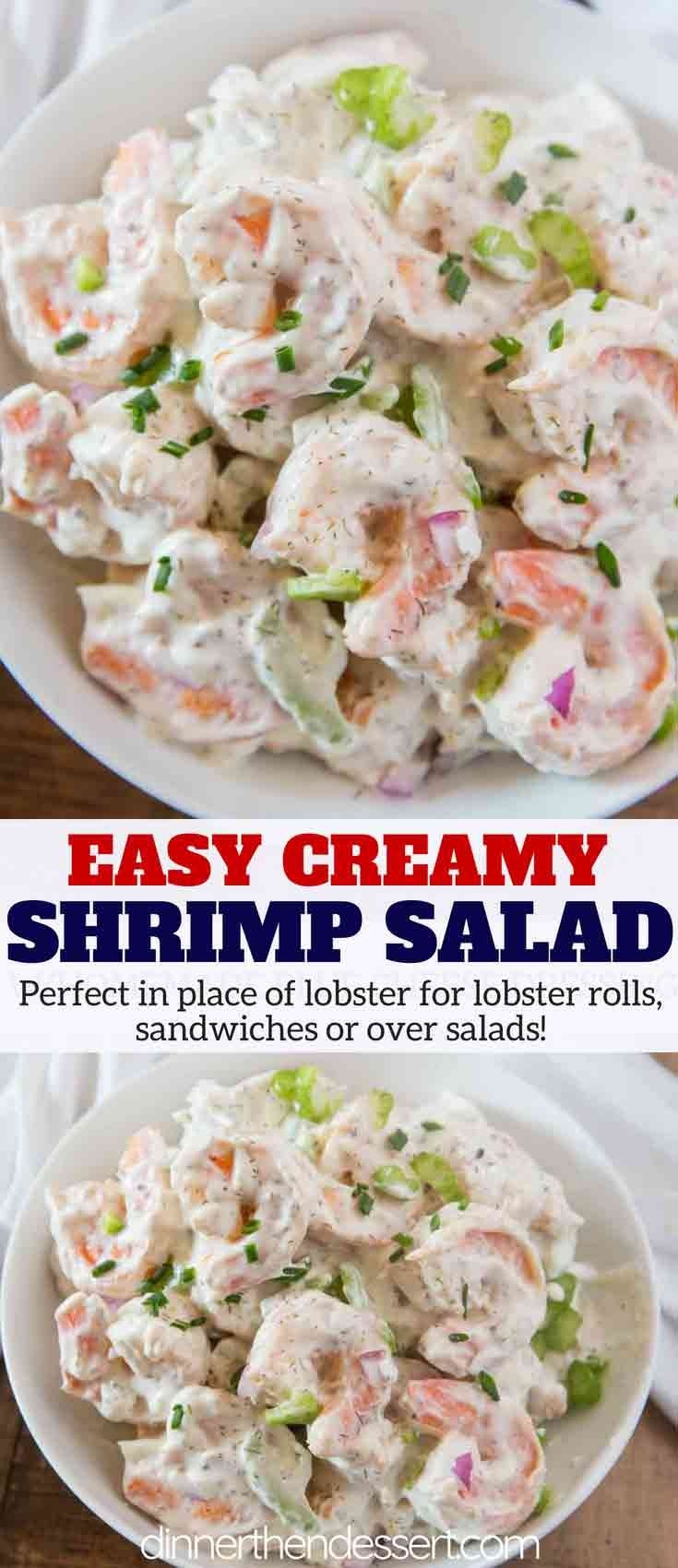 Creamy seafood salad collage with title at the center