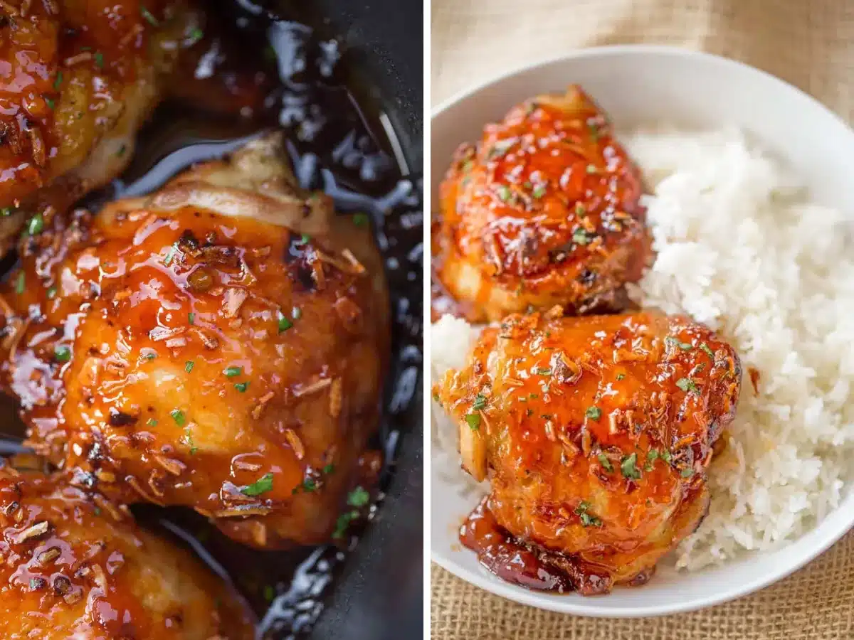 collage of piece of chicken in a slow cooker and plated chicken with rice