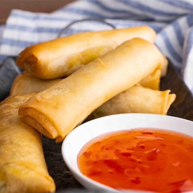 Spring Rolls and dipping sauce on serving platter