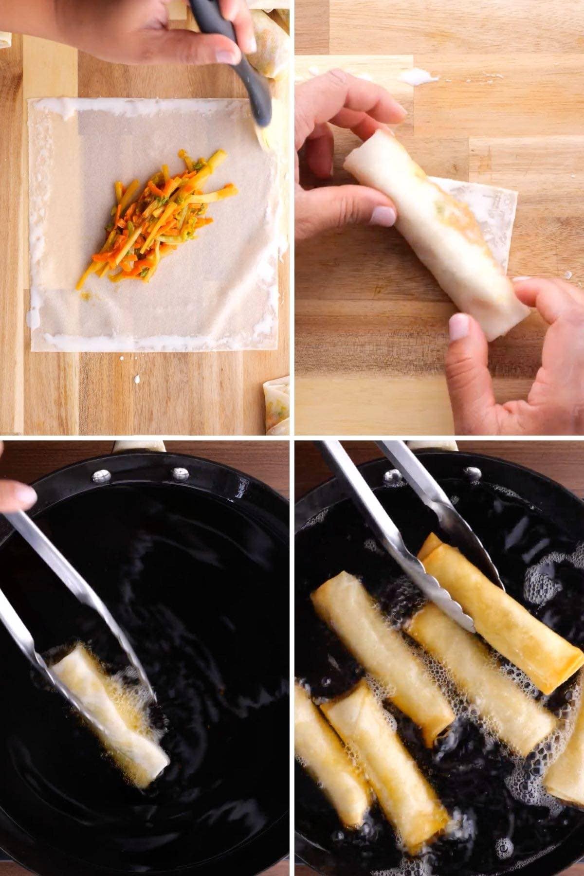 Spring Rolls Collage of rolling and frying steps