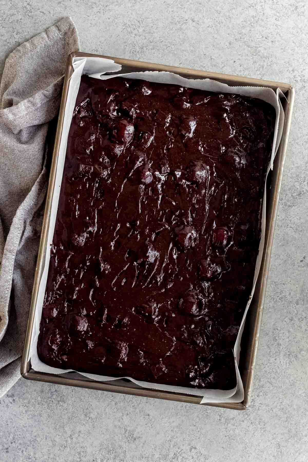 Black Forest Brownie batter in 9x13 baking dish