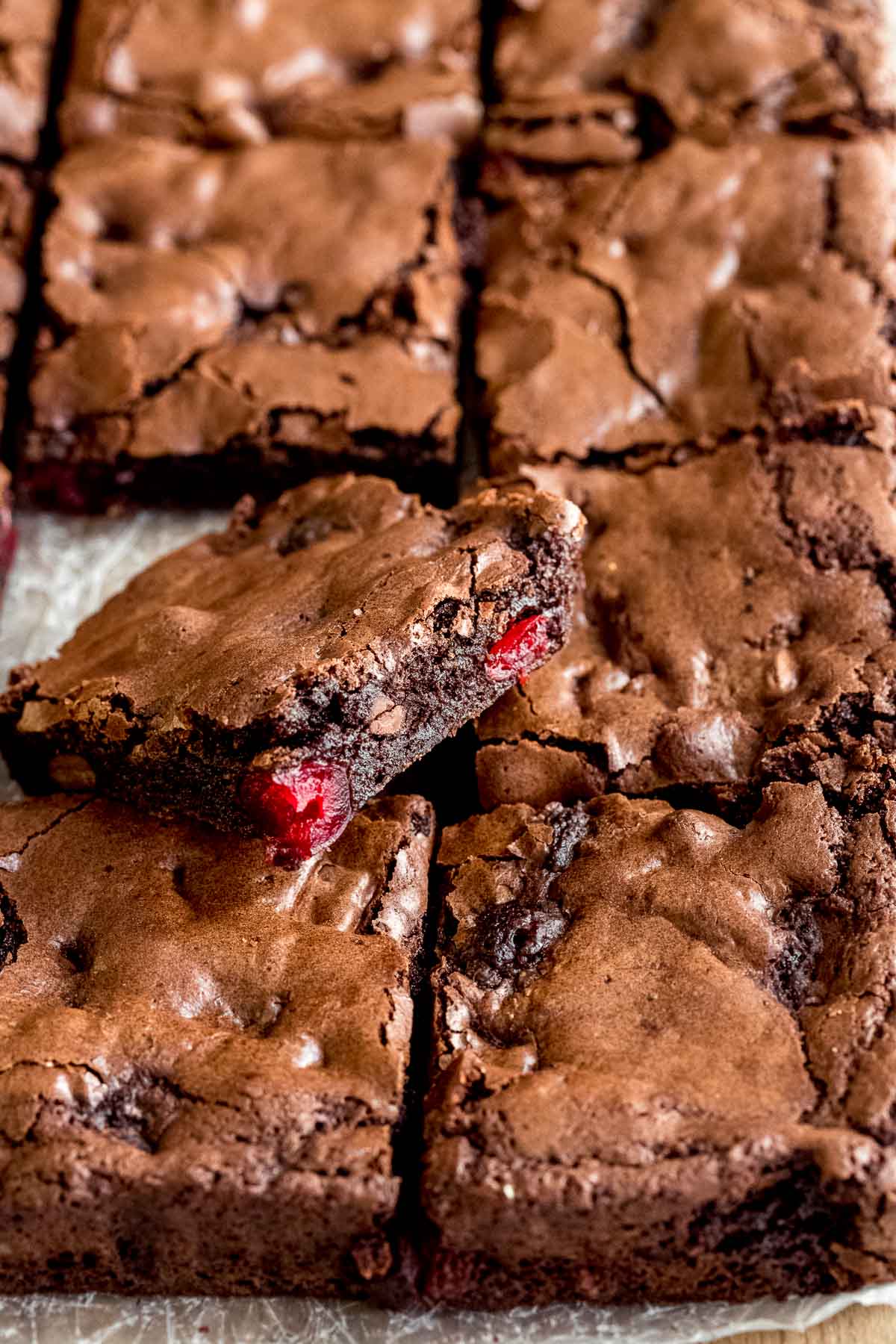 Close up of baked Black Forest Brownies in pan