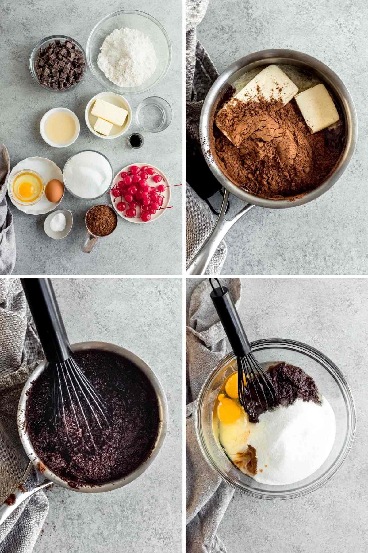 Collage of prep steps for Black Forest Brownies