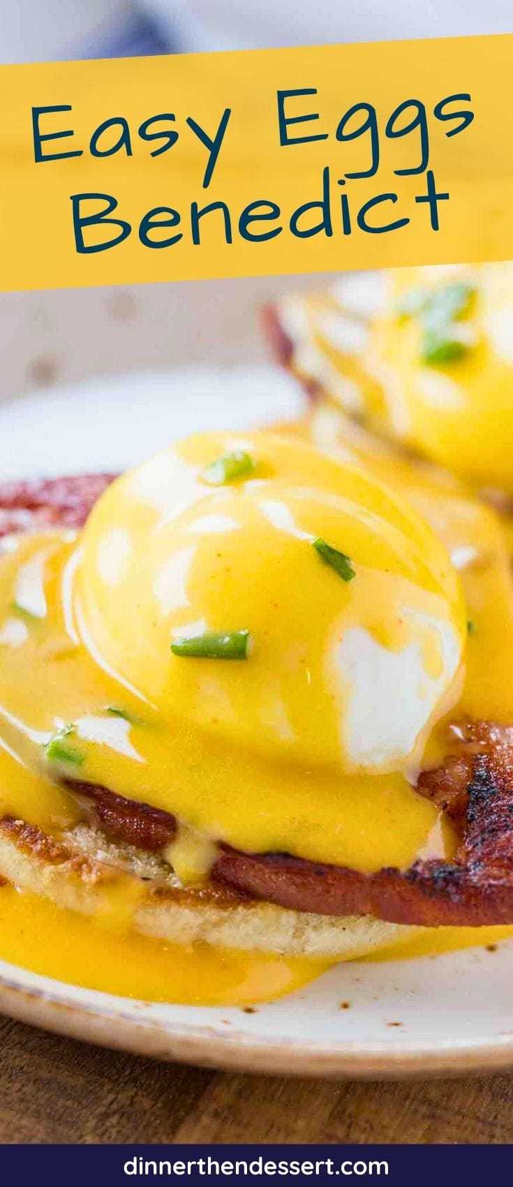 Assembled Benedict portions on plate with recipe name at top