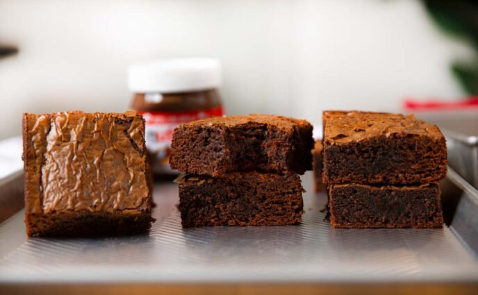 Nutella Brownies in a row on baking sheet