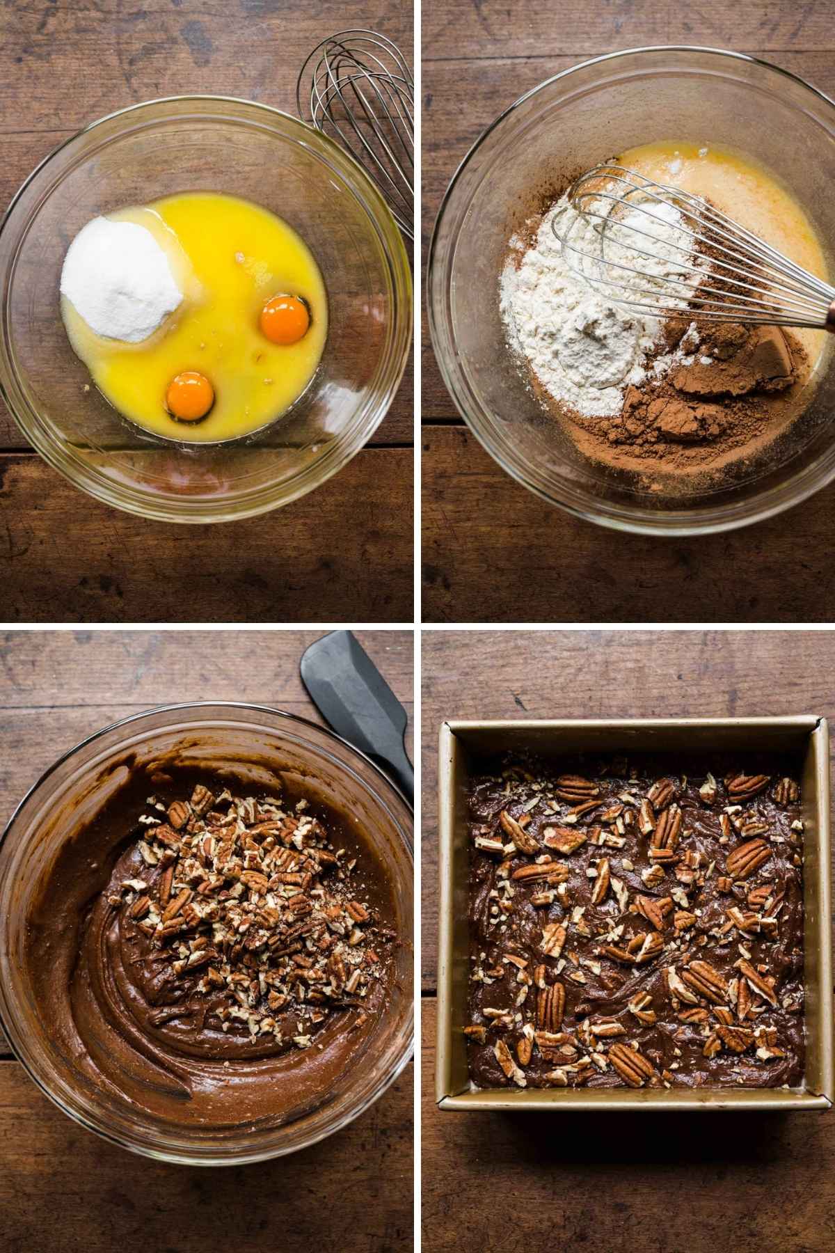 Pecan Brownies collage of prep steps