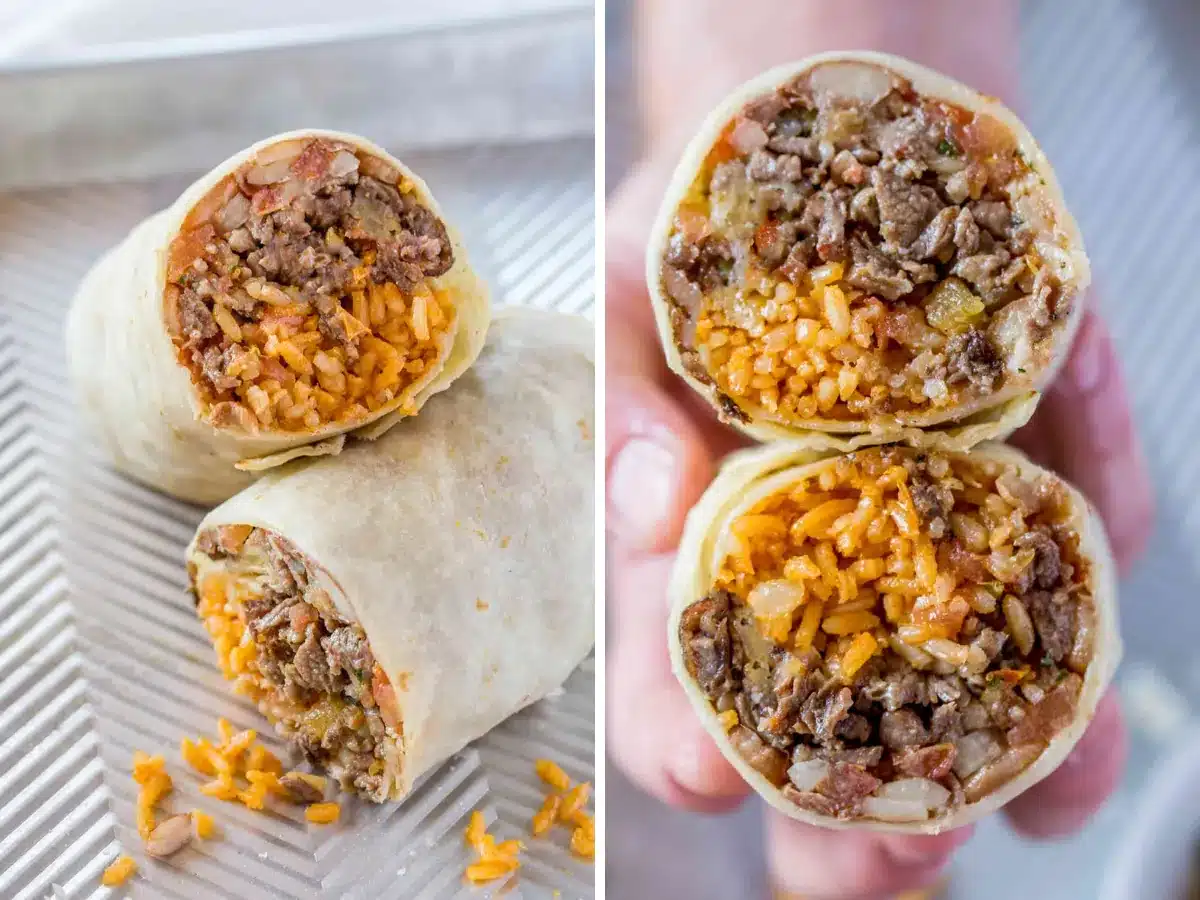 collage of burrito on try and in hand
