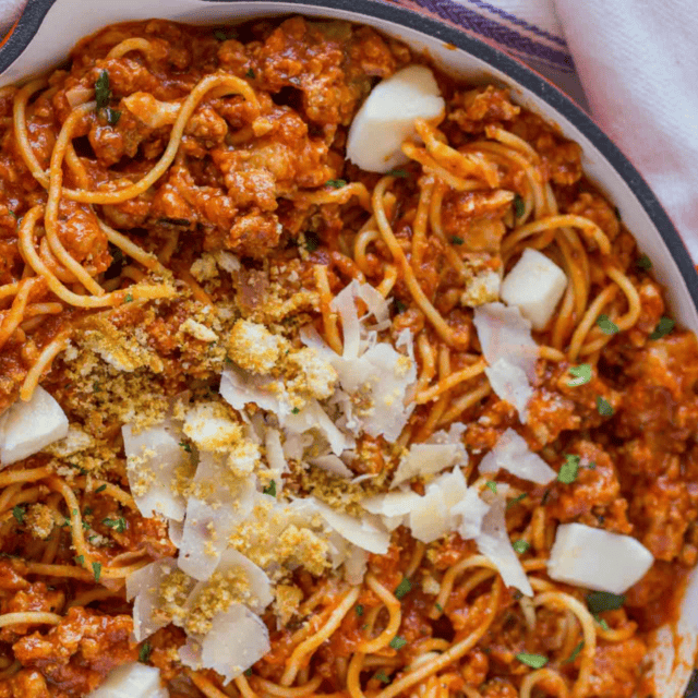Pasta with toppings in pan