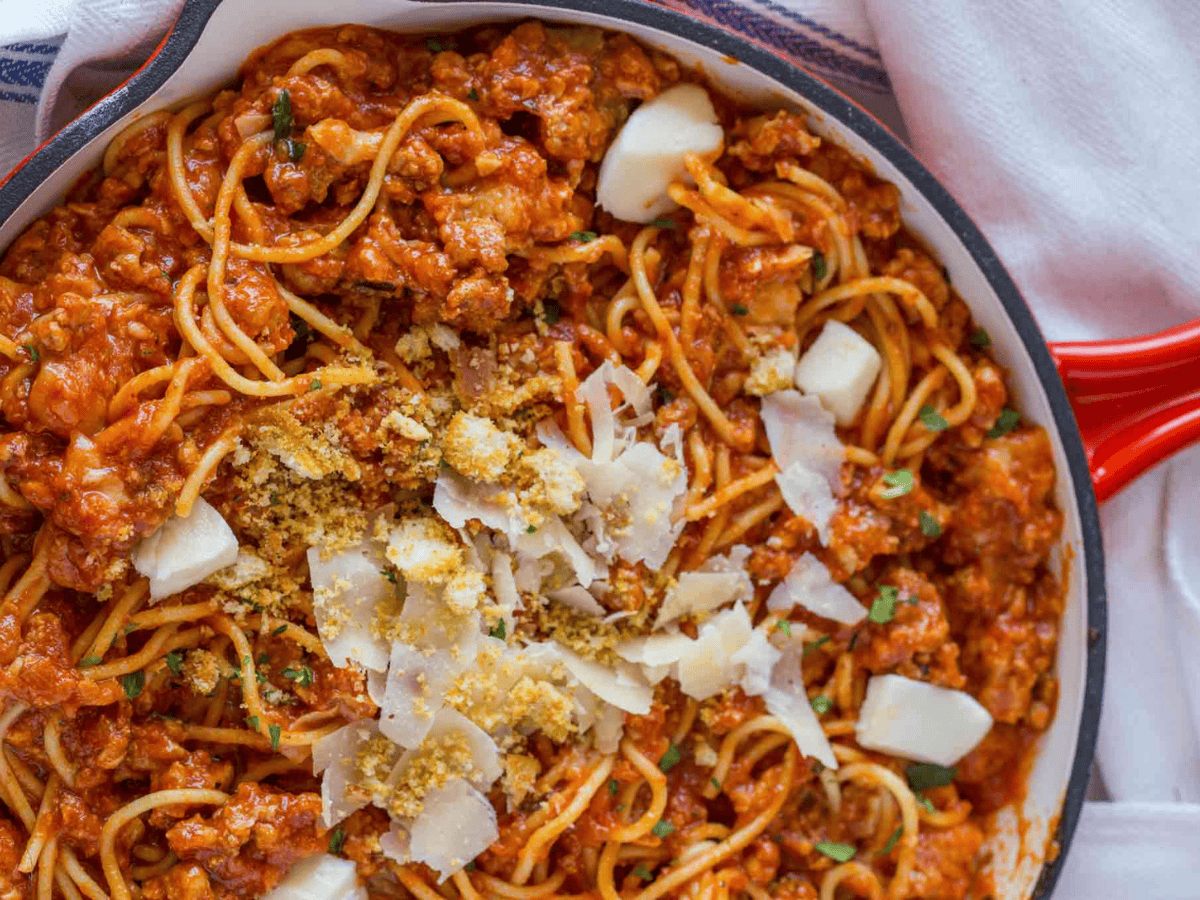 pasta with toppings in pan
