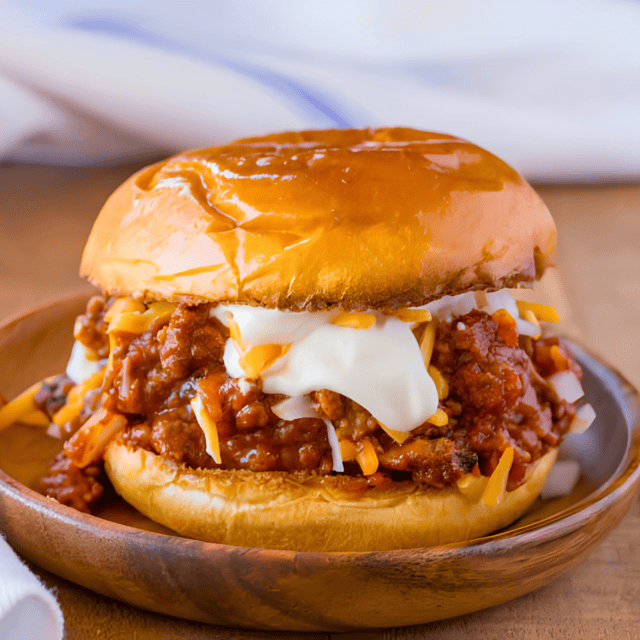 saucy beef, beans, cheese, and sour cream in between two burger buns on a plate