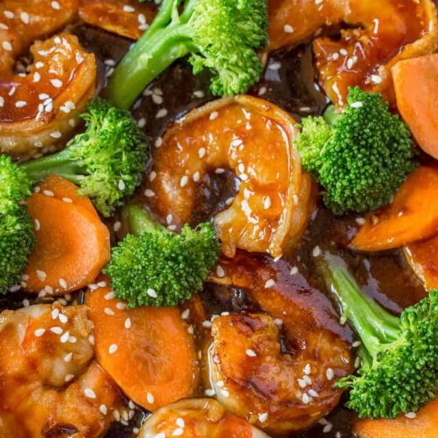 glazed seafood with veggies in dish