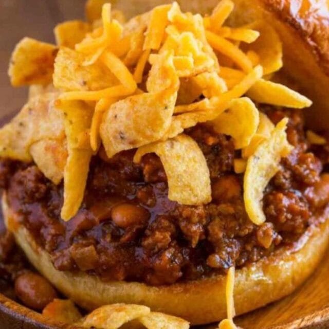 Finished meat sandwich topped in chips and shredded cheese