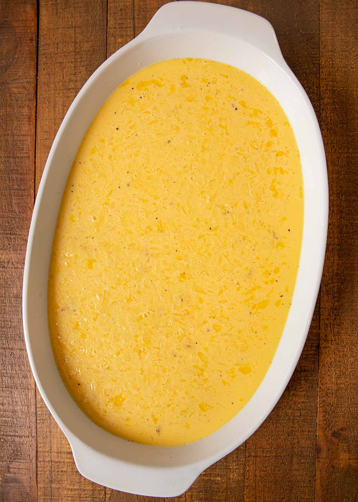 Oven Scrambled Eggs in baking dish before baking
