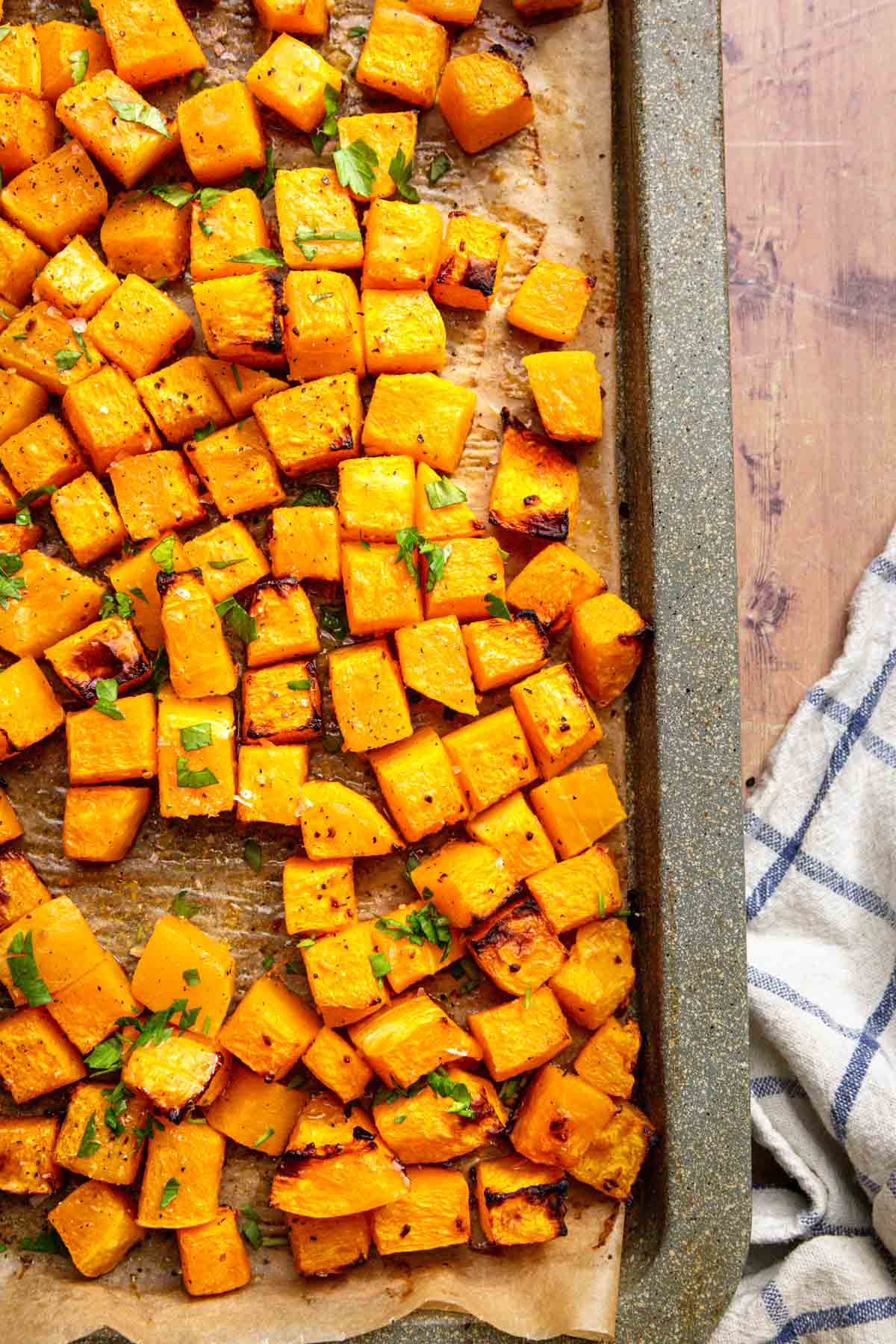 Roasted Butternut Squash ingredients on baking sheet