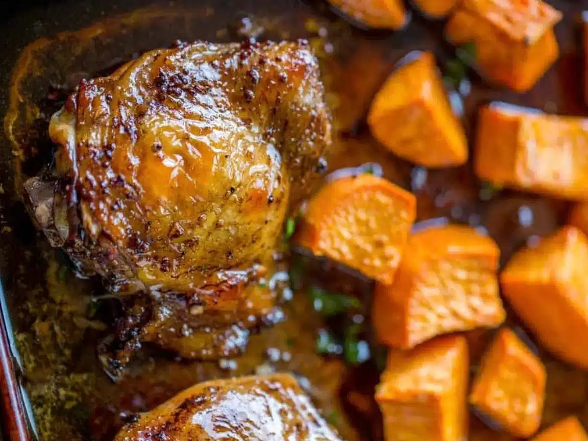 Chicken on baking sheet with potatoes