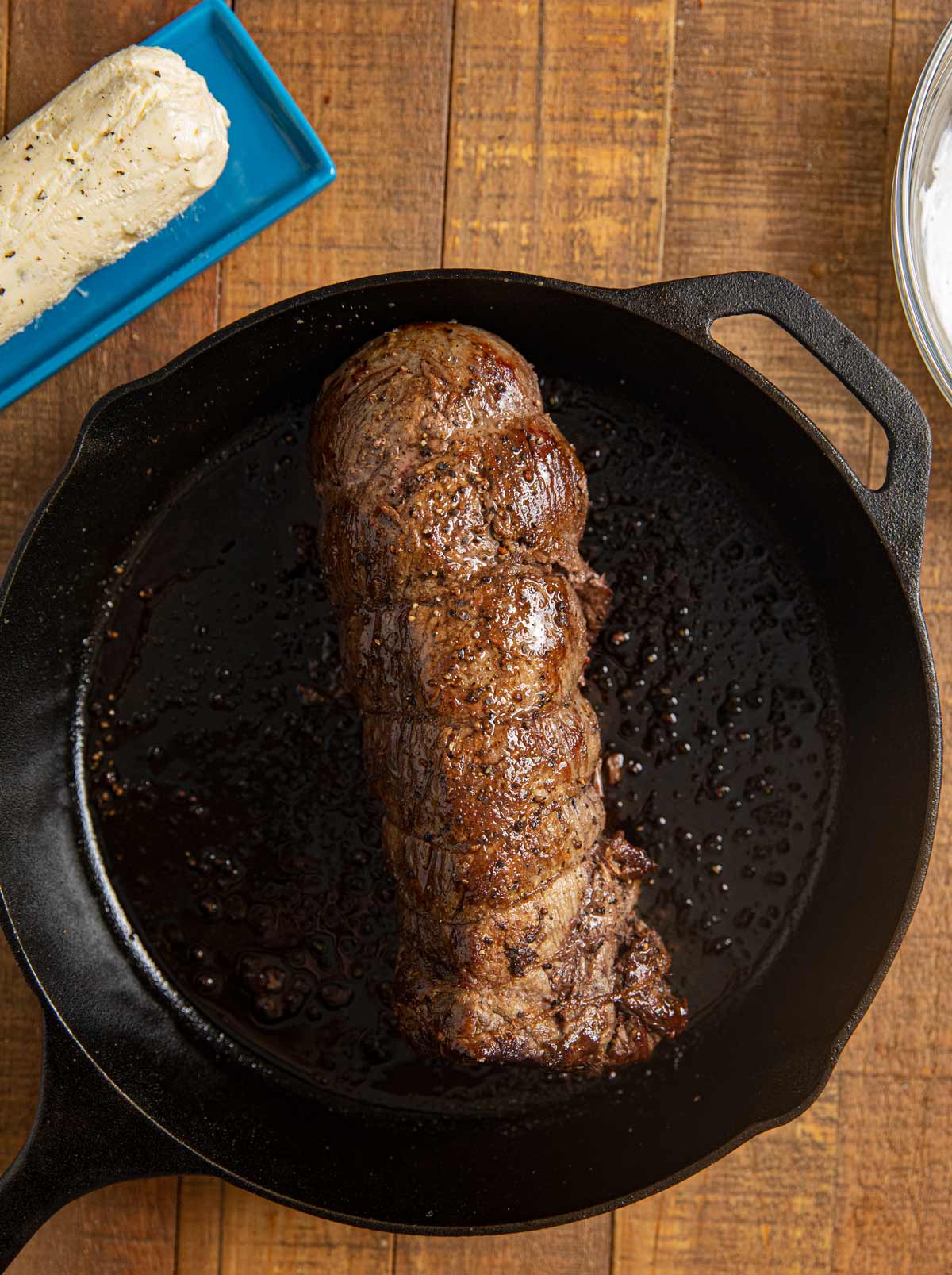 Beef Tenderloin cooked in cast iron skillet