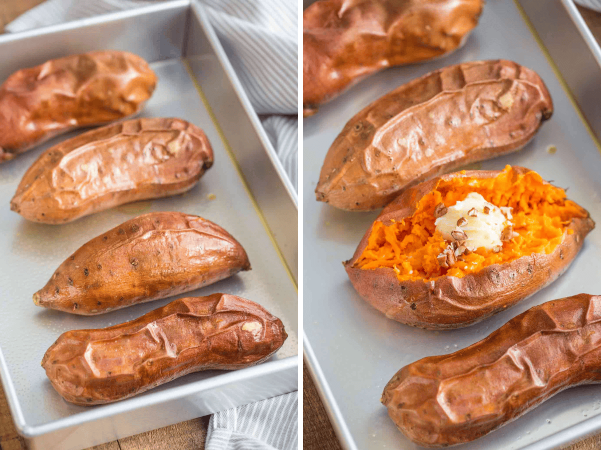 collage of baked potatoes on a sheet try