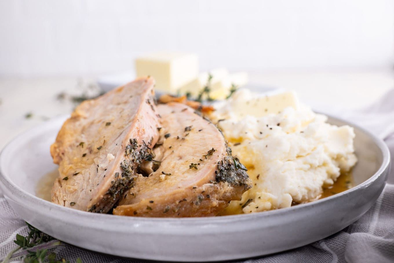 Roasted Turkey Breast on plate with mashed potatoes