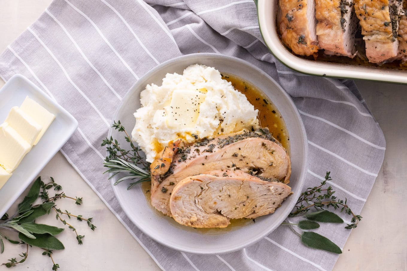 Roasted Turkey Breast on plate with mashed potatoes