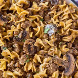 Noodles served with ground beef and mushrooms