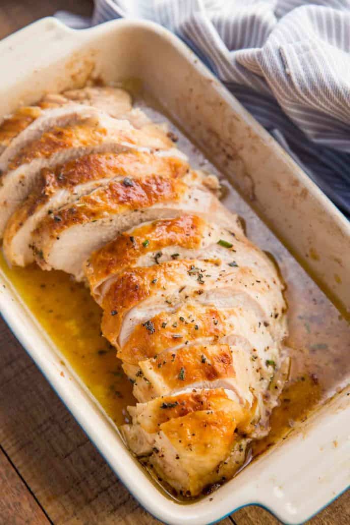 Crispy Roasted Turkey Breast sliced in baking dish